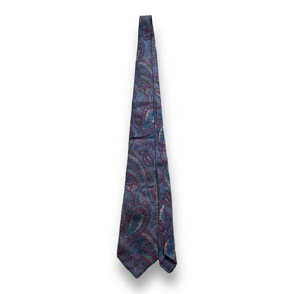 Vintage  Tie Burgundy Blue Retro‎ Paisley Print Silk Heritage Preppy Old Money